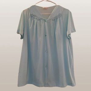 Vtg L Vanity Fair Tricot Nylon Sleep Shirt Blue Pajama Top Button Up Floral Trim